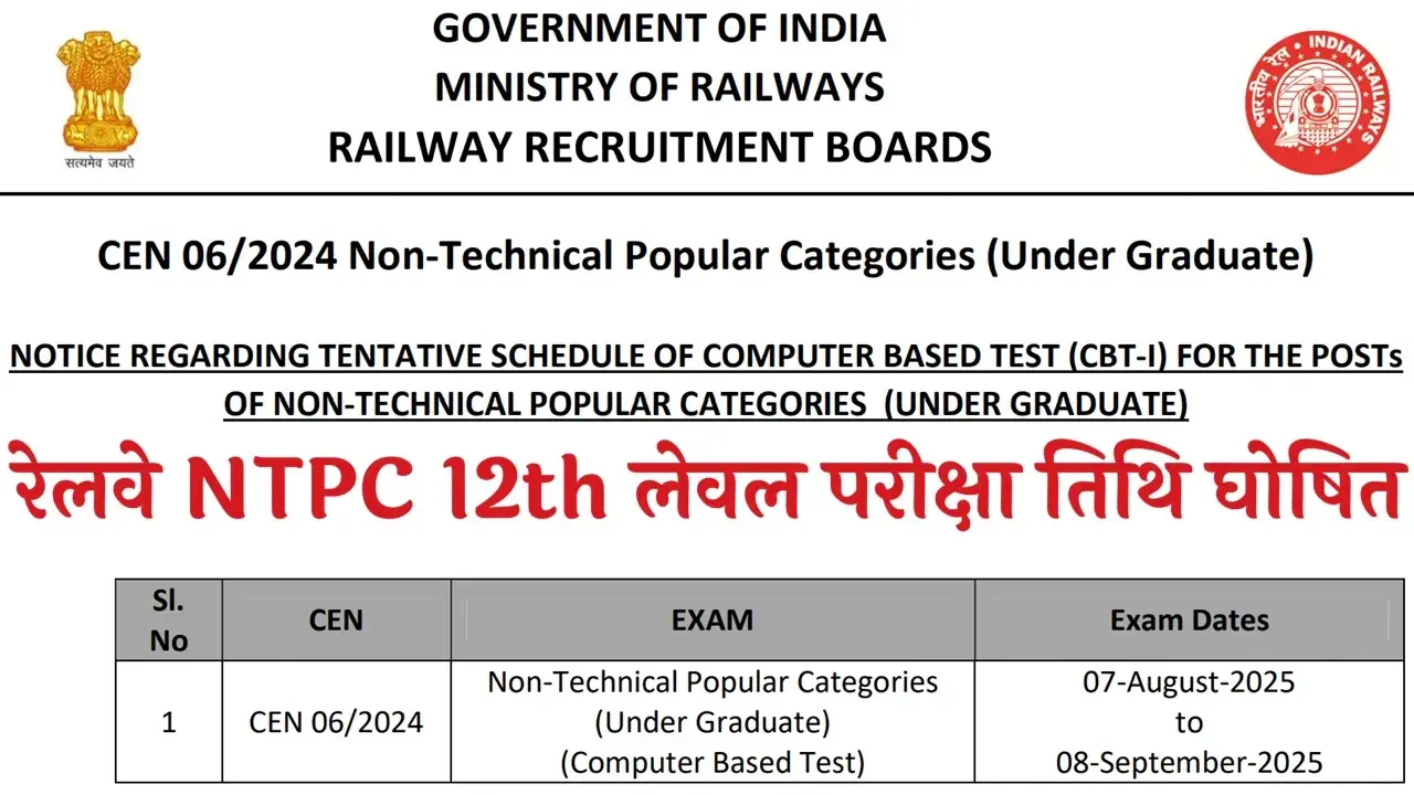 Railway NTPC 12th Level Exam Date 2025 Notice